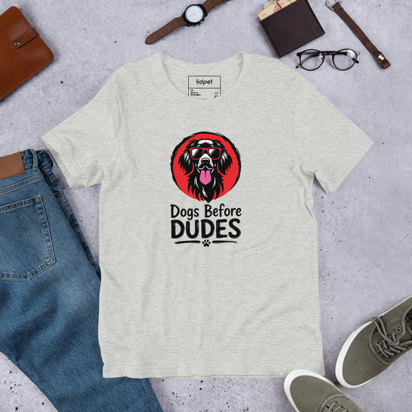 Unisex staple t-shirt showing dogs before dudes graphic, Athletic Heather, front view