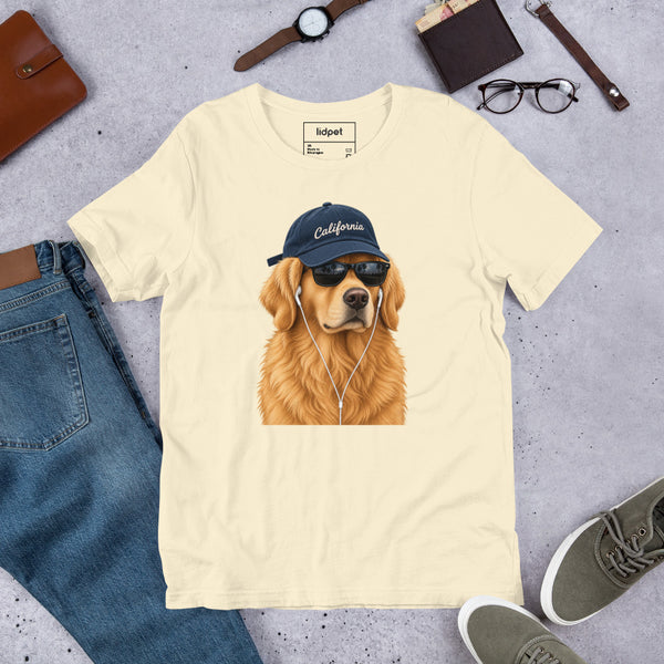 Unisex staple t-shirt showing golden retriever with sunglasses graphic, Natural, front view