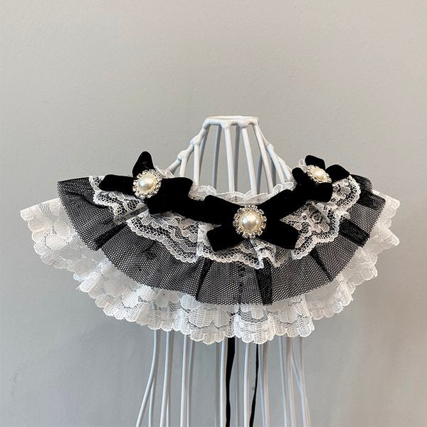 Cat bib collar with drool towel and bow tie, front view