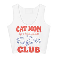 Cat mom crop top graphic featuring a cat, printed on a white cropped t-shirt, front view