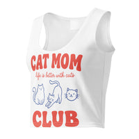Cat mom crop top graphic featuring a cat, printed on a white cropped t-shirt, front view