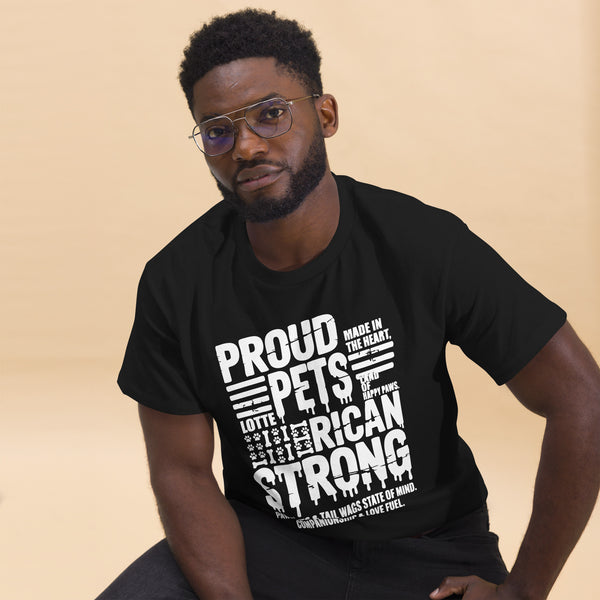 Proud pet parent graphic featuring a pet, printed on a black t-shirt, front view
