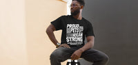 Proud pet parent graphic featuring a pet, printed on a black t-shirt, front view