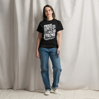 Proud pet parent graphic featuring a pet, printed on a black t-shirt, front view