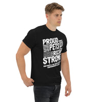 Proud pet parent graphic featuring a pet, printed on a black t-shirt, front view