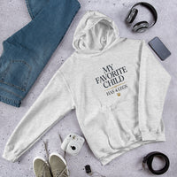 My favorite child has 4 legs hoodie graphic featuring a pet, printed on a ash hoodie, front view