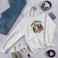 Heavy blend hoodie showing merry christmas from our pack to yours dog and cat graphic, Ash, front view