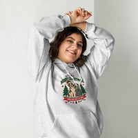 Heavy blend hoodie showing merry christmas from our pack to yours dog and cat graphic, Ash, front view