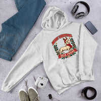 Heavy blend hoodie showing dachshund reindeer christmas deer friend graphic, Ash, front view