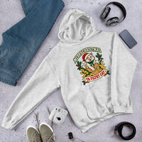 Heavy blend hoodie showing merry christmas ya filthy cat graphic, Ash, front view