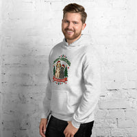 Heavy blend hoodie showing merry christmas from our pack to yours dog and cat graphic, Ash, left front view