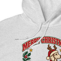 Heavy blend hoodie showing dachshund reindeer christmas deer friend graphic, Ash, detail view