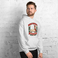 Heavy blend hoodie showing dachshund reindeer christmas deer friend graphic, Ash, right front view