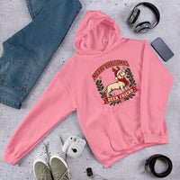 Heavy blend hoodie showing dachshund reindeer christmas deer friend graphic, Azalea, front view