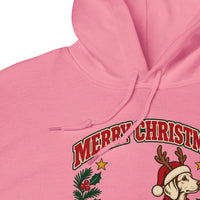 Heavy blend hoodie showing dachshund reindeer christmas deer friend graphic, Azalea, detail view