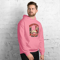 Heavy blend hoodie showing dachshund reindeer christmas deer friend graphic, Azalea, right front view