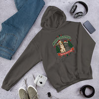 Heavy blend hoodie showing merry christmas from our pack to yours dog and cat graphic, Charcoal, front view