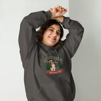 Heavy blend hoodie showing merry christmas from our pack to yours dog and cat graphic, Charcoal, front view