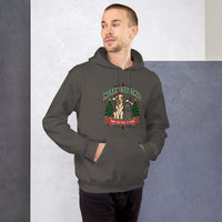 Heavy blend hoodie showing merry christmas from our pack to yours dog and cat graphic, Charcoal, front view