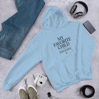 My favorite child has 4 legs hoodie graphic featuring a pet, printed on a light blue hoodie, front view