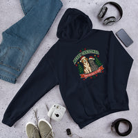 Heavy blend hoodie showing merry christmas from our pack to yours dog and cat graphic, Navy, front view
