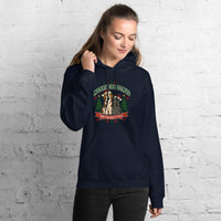 Heavy blend hoodie showing merry christmas from our pack to yours dog and cat graphic, Navy, front view