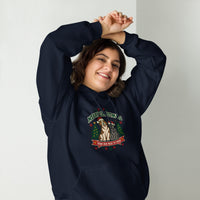Heavy blend hoodie showing merry christmas from our pack to yours dog and cat graphic, Navy, front view