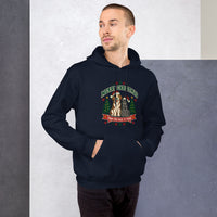 Heavy blend hoodie showing merry christmas from our pack to yours dog and cat graphic, Navy, front view