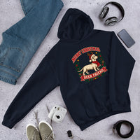 Heavy blend hoodie showing dachshund reindeer christmas deer friend graphic, Navy, front view