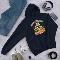 Heavy blend hoodie showing merry christmas ya filthy cat graphic, Navy, front view