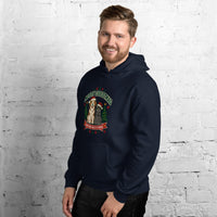 Heavy blend hoodie showing merry christmas from our pack to yours dog and cat graphic, Navy, left front view