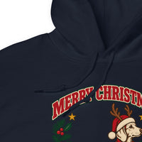 Heavy blend hoodie showing dachshund reindeer christmas deer friend graphic, Navy, detail view