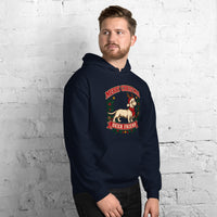 Heavy blend hoodie showing dachshund reindeer christmas deer friend graphic, Navy, right front view