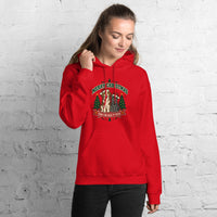 Heavy blend hoodie showing merry christmas from our pack to yours dog and cat graphic, Red, front view