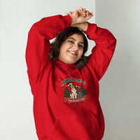Heavy blend hoodie showing merry christmas from our pack to yours dog and cat graphic, Red, front view
