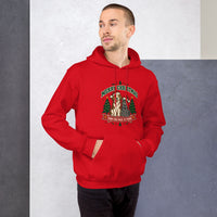 Heavy blend hoodie showing merry christmas from our pack to yours dog and cat graphic, Red, front view