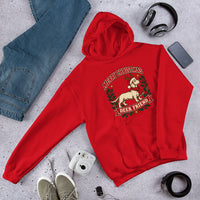 Heavy blend hoodie showing dachshund reindeer christmas deer friend graphic, Red, front view