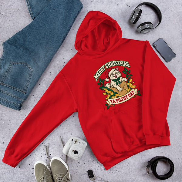 Heavy blend hoodie showing merry christmas ya filthy cat graphic, Red, front view