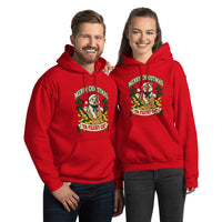 Heavy blend hoodie showing merry christmas ya filthy cat graphic, Red, front view