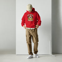 Heavy blend hoodie showing merry christmas ya filthy cat graphic, Red, front view
