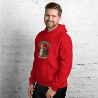 Heavy blend hoodie showing merry christmas from our pack to yours dog and cat graphic, Red, left front view