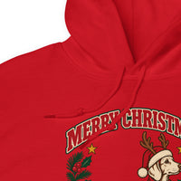 Heavy blend hoodie showing dachshund reindeer christmas deer friend graphic, Red, detail view