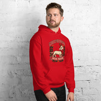 Heavy blend hoodie showing dachshund reindeer christmas deer friend graphic, Red, right front view