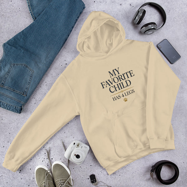 My favorite child has 4 legs hoodie graphic featuring a pet, printed on a sand hoodie, front view