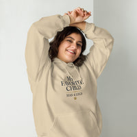 My favorite child has 4 legs hoodie graphic featuring a pet, printed on a sand hoodie, front view