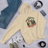 Heavy blend hoodie showing merry christmas from our pack to yours dog and cat graphic, Sand, front view