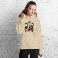 Heavy blend hoodie showing merry christmas from our pack to yours dog and cat graphic, Sand, front view