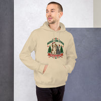 Heavy blend hoodie showing merry christmas from our pack to yours dog and cat graphic, Sand, front view