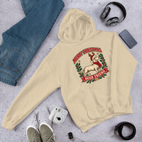 Heavy blend hoodie showing dachshund reindeer christmas deer friend graphic, Sand, front view