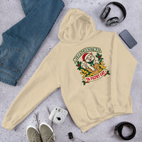 Heavy blend hoodie showing merry christmas ya filthy cat graphic, Sand, front view